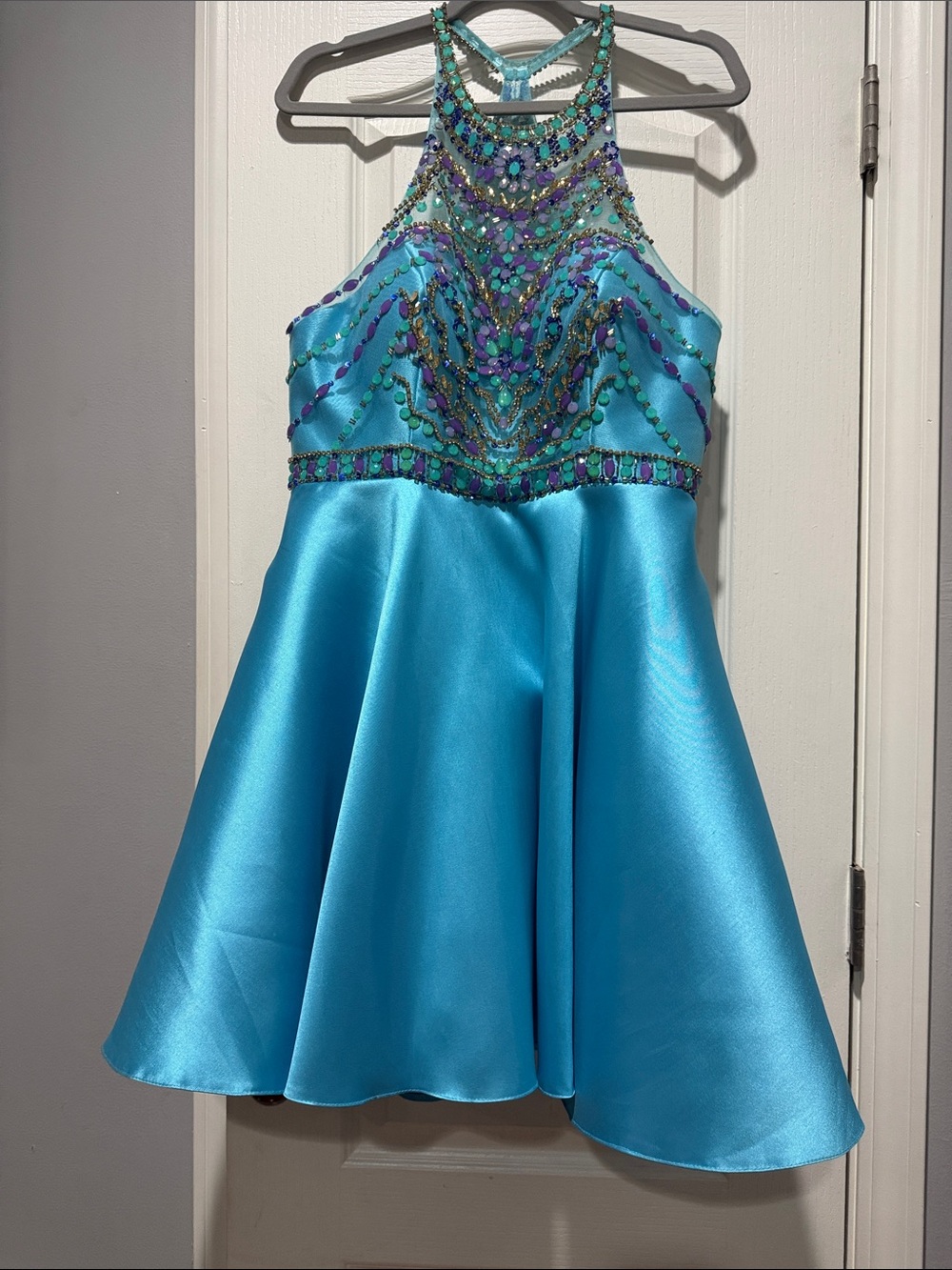 Homecoming Dress- Clarisse Aqua Beaded Halter Fit-and-Flare Dress